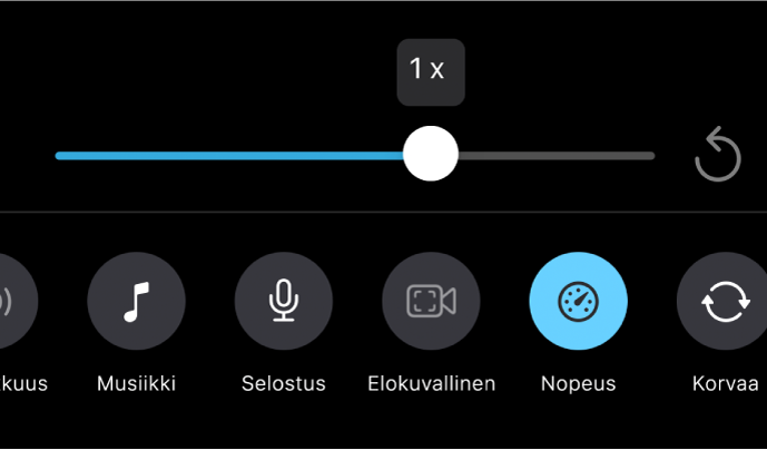 Nopeuden liukusäädin, jossa nopeudeksi on asetettu 1x, Nollaa-painike oikealla ja Nopeus-painike alla.