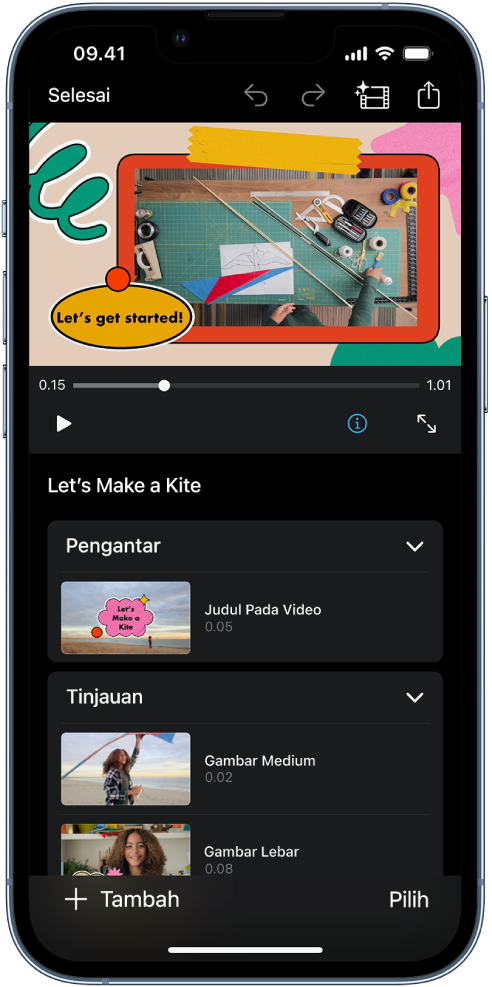 Proyek papan cerita di iMovie di iPhone.