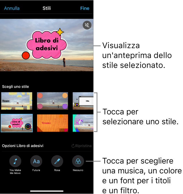Il visore mostrante un’anteprima di uno stile selezionato con diverse opzioni di stile di seguito. I pulsanti per aggiungere musica, il font da usare per i titoli e per applicare un filtro sono visibili in basso.