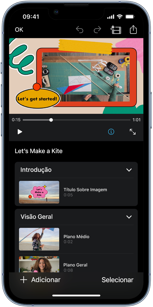 Um projeto de storyboard no iMovie de um iPhone.