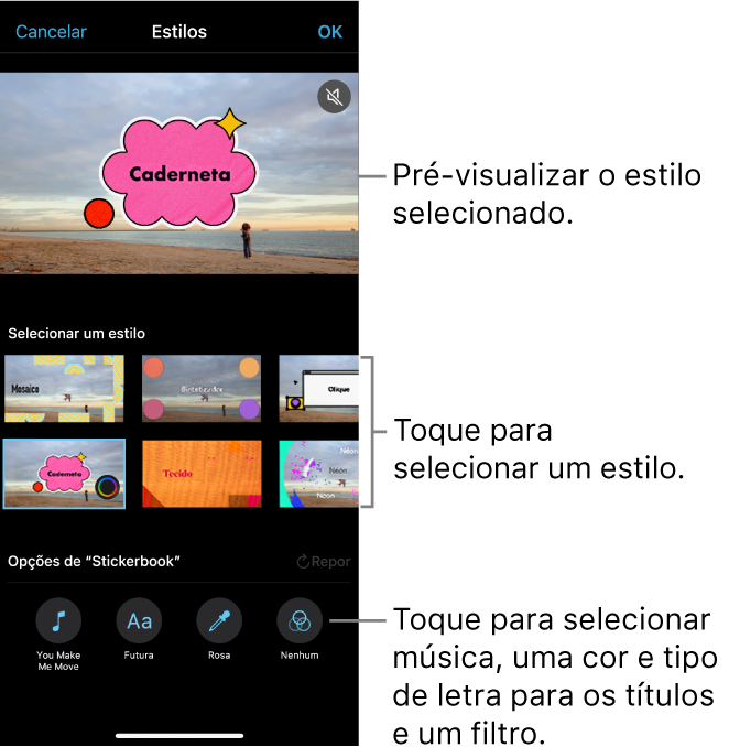 O visualizador a mostrar uma pré-visualização de um estilo selecionado, com opções de estilo por baixo. Os botões para adicionar música, selecionar uma cor e tipo de letra para os títulos e adicionar um filtro estão na parte inferior do ecrã.