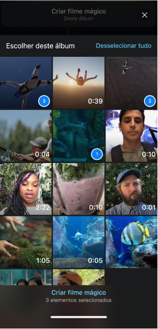 Os clips e as fotografias num álbum, com números no canto inferior direito de vários clips que mostram a ordem que aparecerão no projeto.
