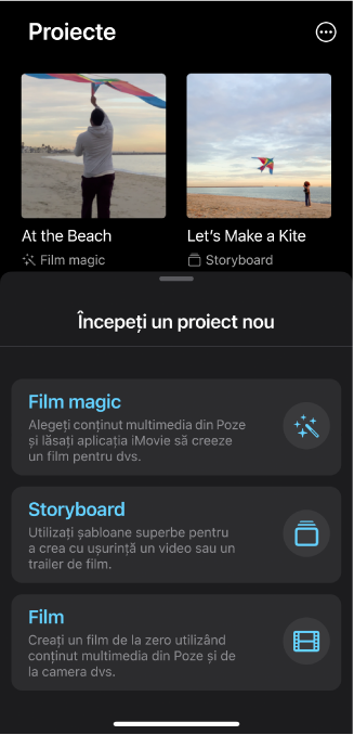 Browserul Proiecte afișând miniaturi ale proiectelor existente și butonul Începeți un proiect nou dedesubt.