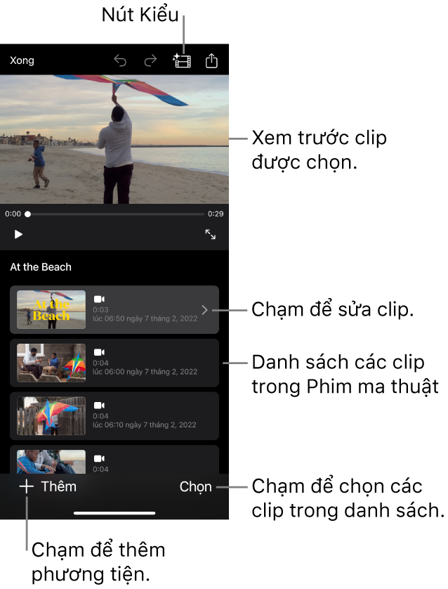 Dự án Phim ma thuật đang được mở, với clip được chọn đang xuất hiện trong trình xem.