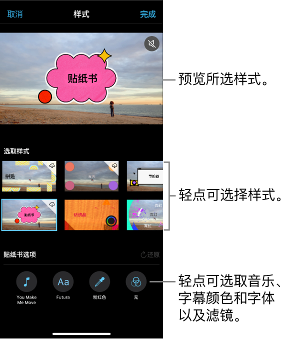检视器显示所选样式的预览，其下方是样式选项。屏幕底部是添加音乐、选择字幕颜色和字体以及添加滤镜的按钮。