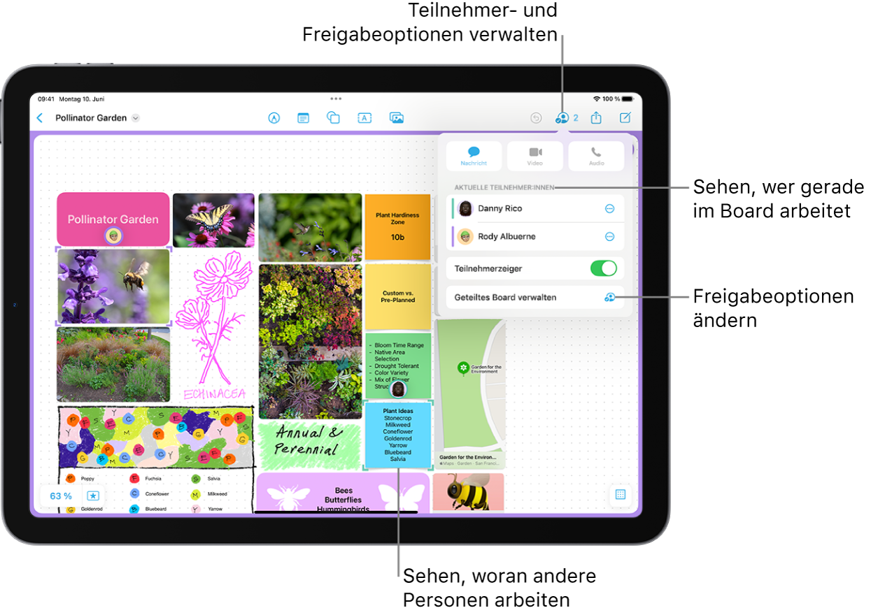 Ein geteiltes Freeform-Board auf dem iPad mit dem geöffneten Menü zum Zusammenarbeiten und der Position einer anderen teilnehmenden Person, die auf dem Board mit violetten Häkchen markiert ist.