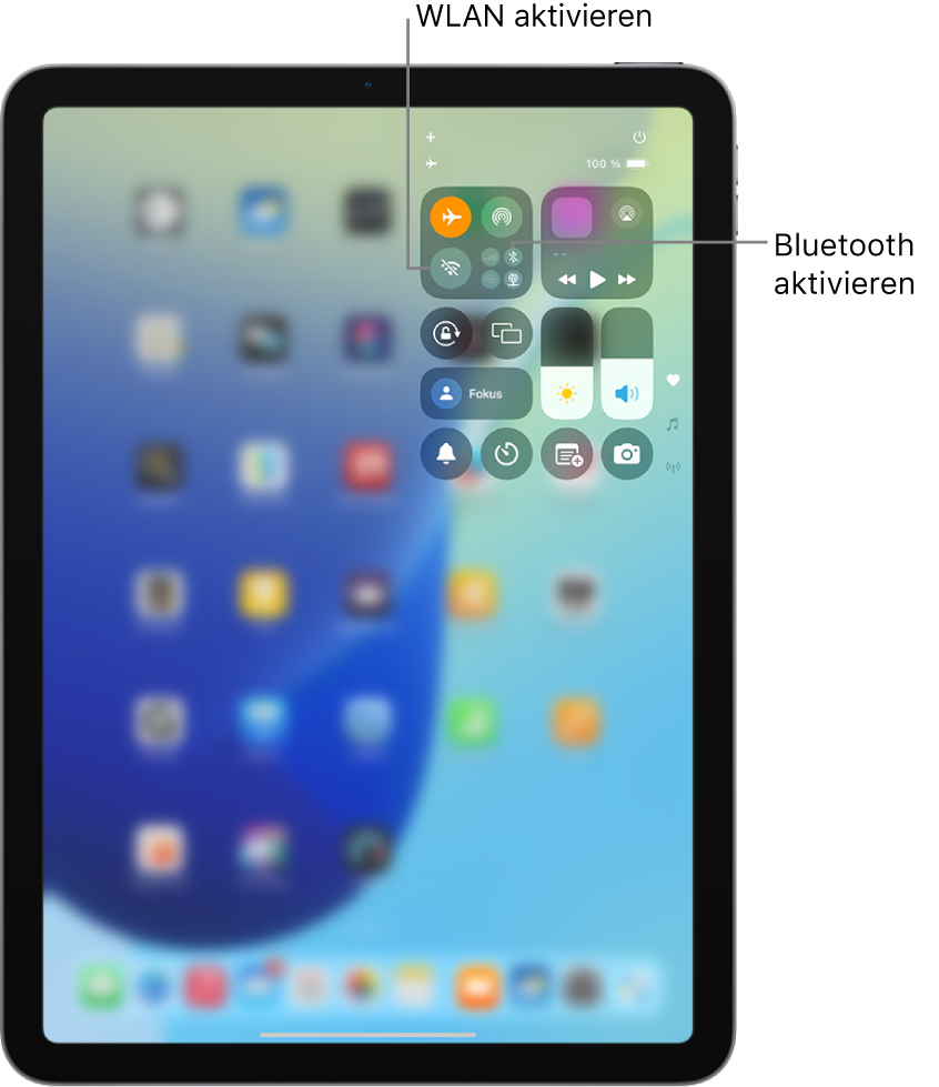 Das iPad-Kontrollzentrum zeigt, dass „Flugmodus“ aktiviert ist. Die Tasten zum Aktivieren von „WLAN“ und „Bluetooth“ befinden links oben im Kontrollzentrum.