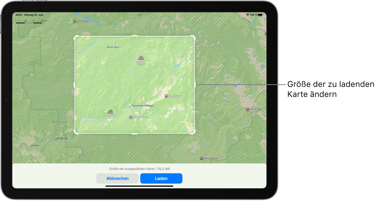 Ein iPad mit der Karte eines Nationalparks. Um den Park herum befindet sich ein Rahmen mit Aktivpunkten, die bewegt werden können, um die Größe der zu ladenden Karte zu ändern. Die ausgewählte Ladegröße für die Karte wird unten am Kartenrand angegeben. Die Tasten „Abbrechen“ und „Laden“ befinden sich unten auf dem Bildschirm.