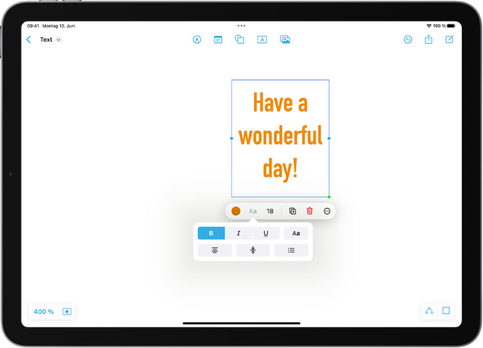 Ein Freeform-Board mit einem ausgewählten Textfeld und den Werkzeugen für die Textformatierung darüber.