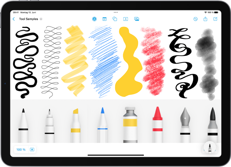 Einige Freeform-Zeichenwerkzeuge und ihre Striche: „Marker“, „Stift“, „Textmarker“, „Bleistift“, „Buntstift“, „Füllfederhalter“ und „Aquarellpinsel“.