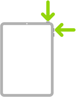 An illustration of iPad with arrows pointing to the top button and the volume up button on the upper right.