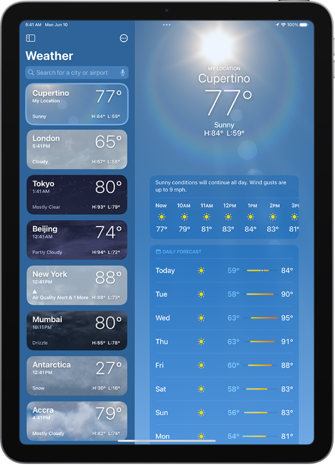 The Weather screen showing the sidebar on the left side of the screen. In the sidebar is a list of cities showing the current time, temperature, forecast, and high and low temperatures. At the top of the list, My Location is selected and on the right side of the screen are the weather forecast and conditions for that location.