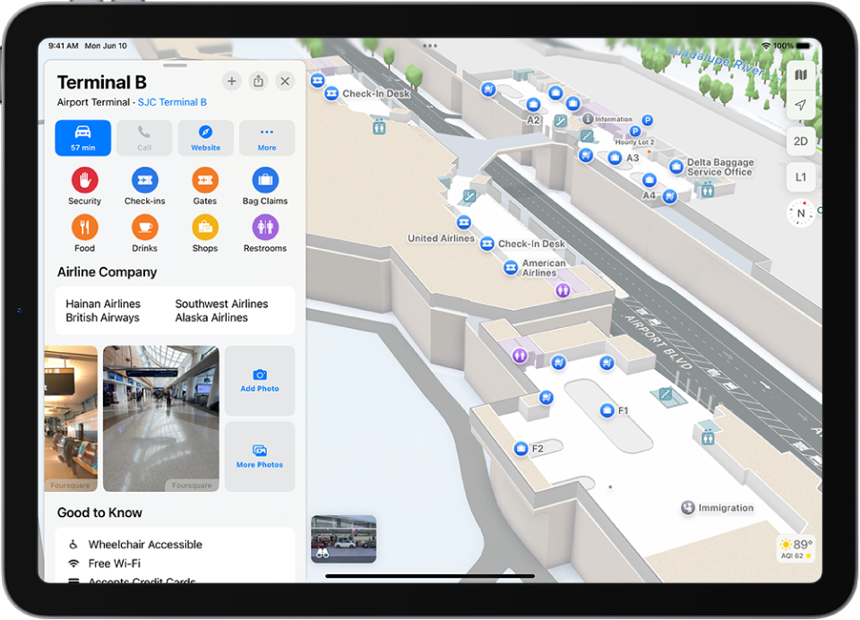 An indoor map of an airport terminal. The map shows a gate, restroom, security checkpoint, and first aid. You can change levels of multistory maps using the button marked L2 (for Level 2).