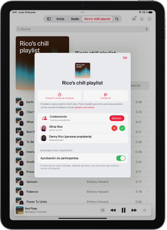 La pantalla “Gestionar colaboración” en la app Música.