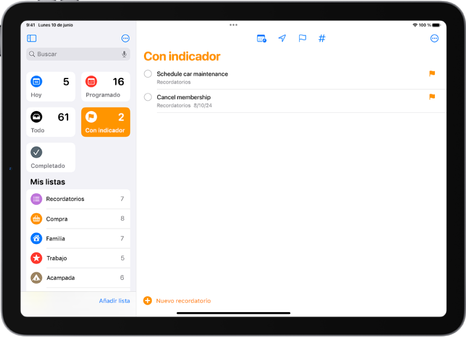 Una pantalla de Recordatorios con una lista inteligente que contiene todos los ítems con indicador.
