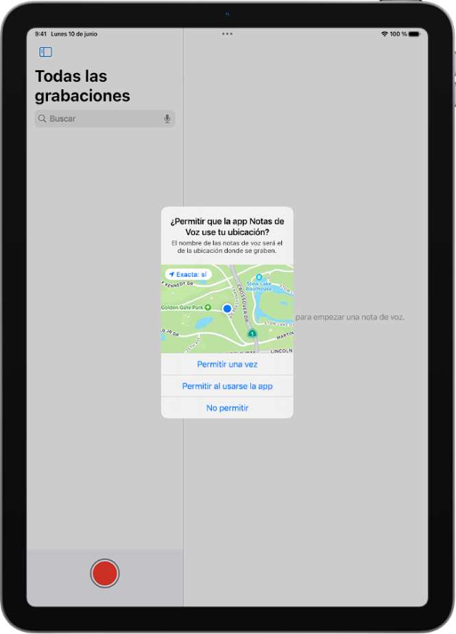 Una solicitud de una app para usar datos de ubicación en el iPad. Las opciones son “Permitir una vez”, “Permitir al usarse la app” y “No permitir”.