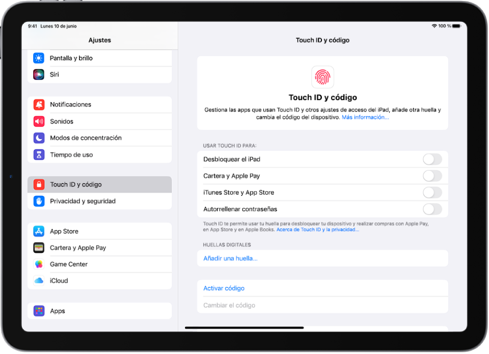 Una pantalla muestra el panel de ajustes “Touch ID y código” con opciones para añadir una huella y activar el código.