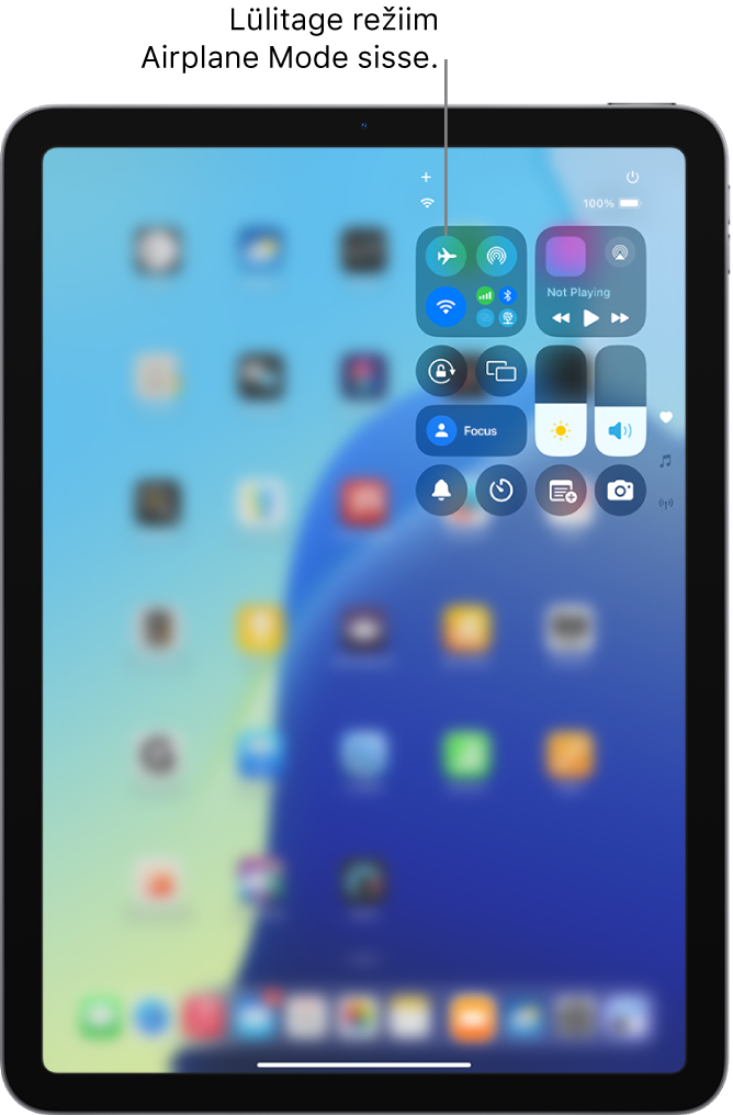 Control Centeri kuva, kus näidatakse, et üleval vasakul oleva nupu puudutamine lülitab režiimi Airplane Mode sisse.
