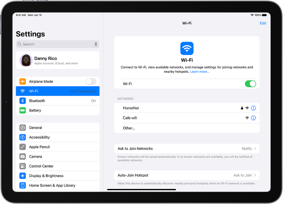 Kuvas Settings on saadaolevad Wi-Fi-võrgud.