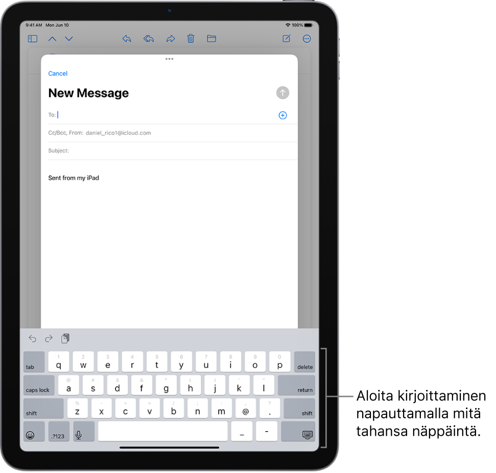 Mail-apissa on auki tyhjä sähköpostiviesti. Näytöllä näkyvä näppäimistö on näytön alareunassa.