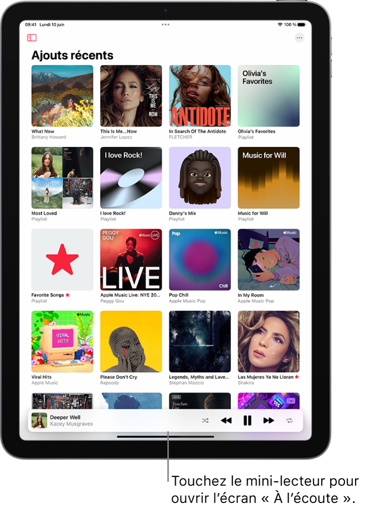 L’écran Ajouts récents de la bibliothèque, avec le mini-lecteur en bas. Le mini-lecteur affiche le titre du morceau en cours de lecture. Les boutons Pause et « Piste suivante » se trouvent à droite du titre du morceau.
