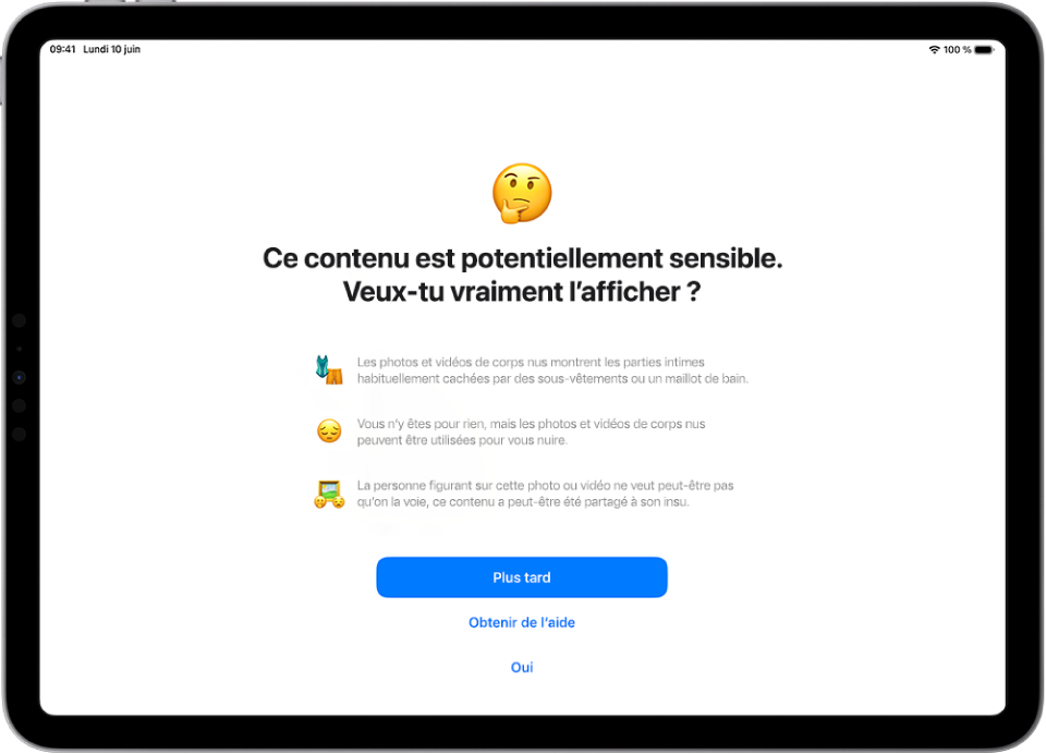 Un écran avec un avertissement indiquant qu’un message contient peut-être des images sensibles. Au bas du message figurent des options pour obtenir de l’aide ou ignorer l’avertissement.