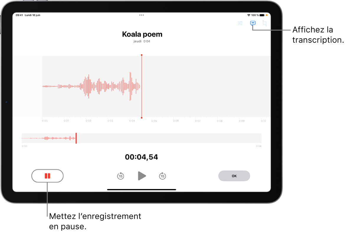 Enregistrement Dictaphone affichant une forme d’onde de l’enregistrement en cours, avec un indicateur de temps, un bouton permettant de mettre l’enregistrement en pause et un bouton pour afficher la transcription.