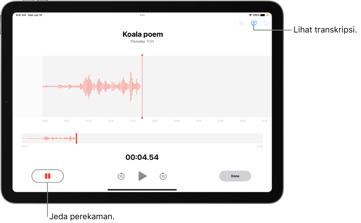 Rekaman Memo Suara, menampilkan bentuk gelombang rekaman yang sedang berlangsung, beserta indikator waktu, tombol untuk menjeda rekaman, dan tombol untuk melihat transkripsi.