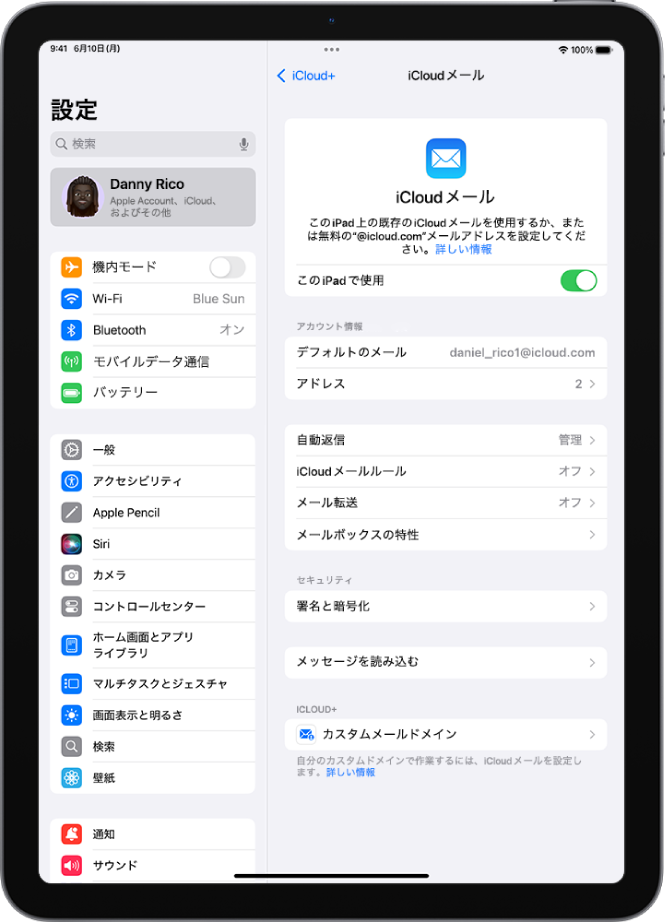 設定アプリが開いていて「iCloudメール」画面が表示されています。メニューの下には、「カスタムメールドメイン」が表示されています。