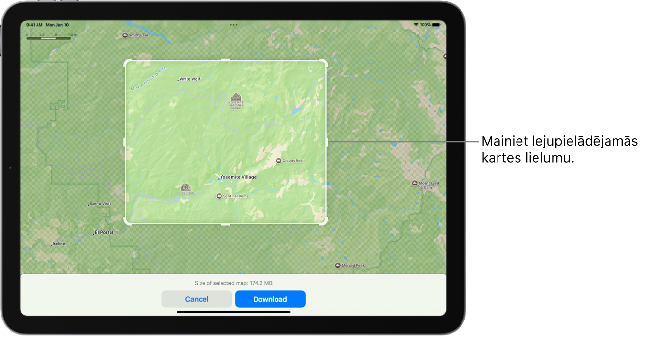 iPad ierīce ar dabas parka karti. Parkam apkārt ir kvadrāts ar turiem, kurus var pārvietot, lai mainītu lejupielādējamās kartes lielumu. Atlasītās kartes lejupielādes lielums ir norādīts netālu no kartes apakšas. Ekrāna apakšdaļā ir pogas Cancel un Download.