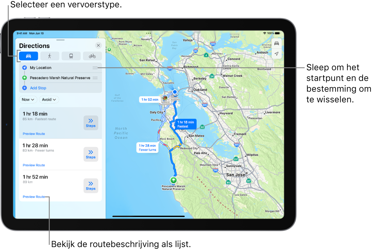 Een kaart met diverse mogelijke routes voor een routebeschrijving tussen 'Mijn locatie' en een bestemming.