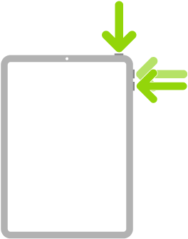 Een afbeelding van een iPad met pijlen die rechtsboven naar de bovenste knop en de volume-omhoog- en volume-omlaagknoppen wijzen.