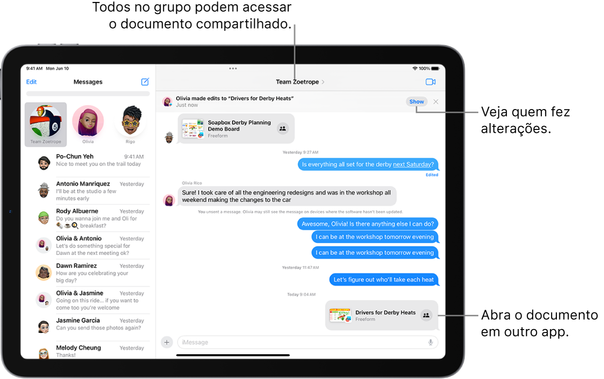 Uma conversa em grupo no app Mensagens, incluindo um convite de colaboração e atualizações na parte superior da janela da conversa.