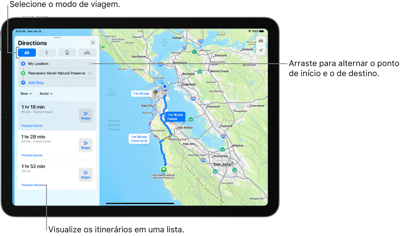 Um mapa com várias rotas possíveis para itinerários de carro entre Minha Localização e um destino.