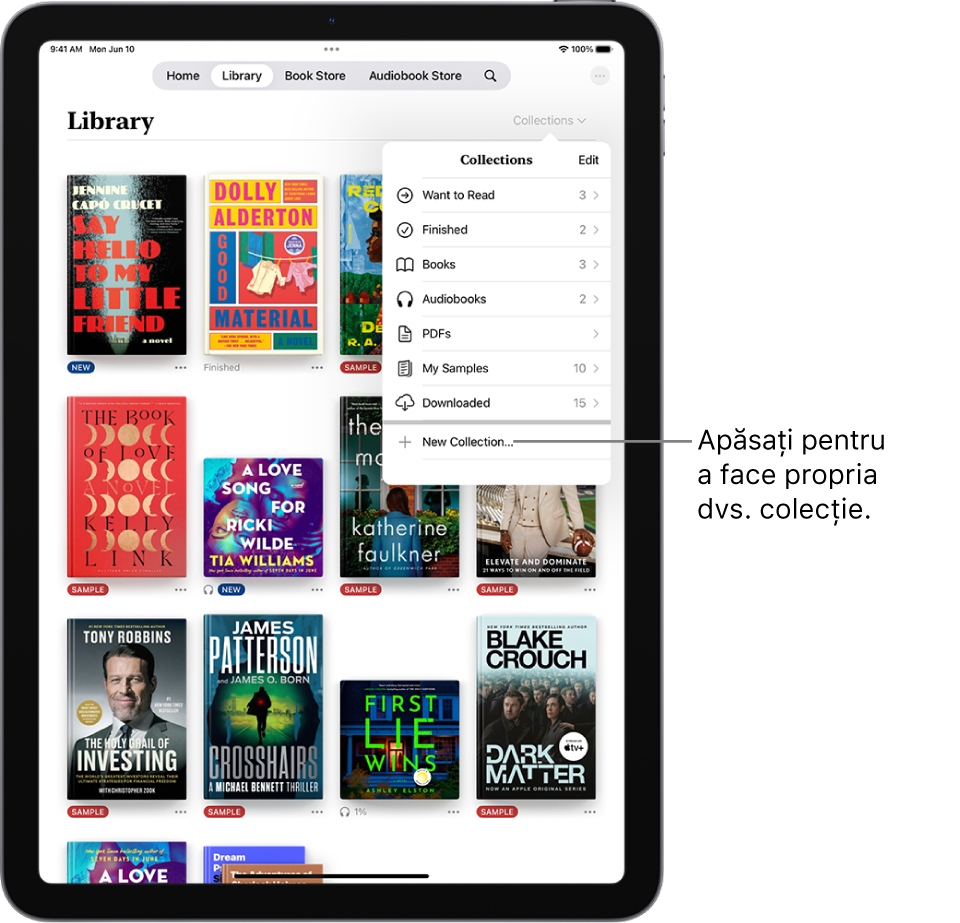 Ecranul Bibliotecă în aplicația Cărți. În partea de sus a ecranului este deschis meniul Colecții, afișând opțiuni precum Cărți audio și PDF-uri.