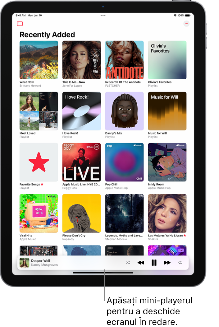 Ecranul Bibliotecă - Adăugate recent, afișând mini-playerul în partea de jos. Mini-playerul afișează titlul melodiei în curs de redare. Butoanele Pauză și Pista următoare se află în dreapta titlului melodiei.