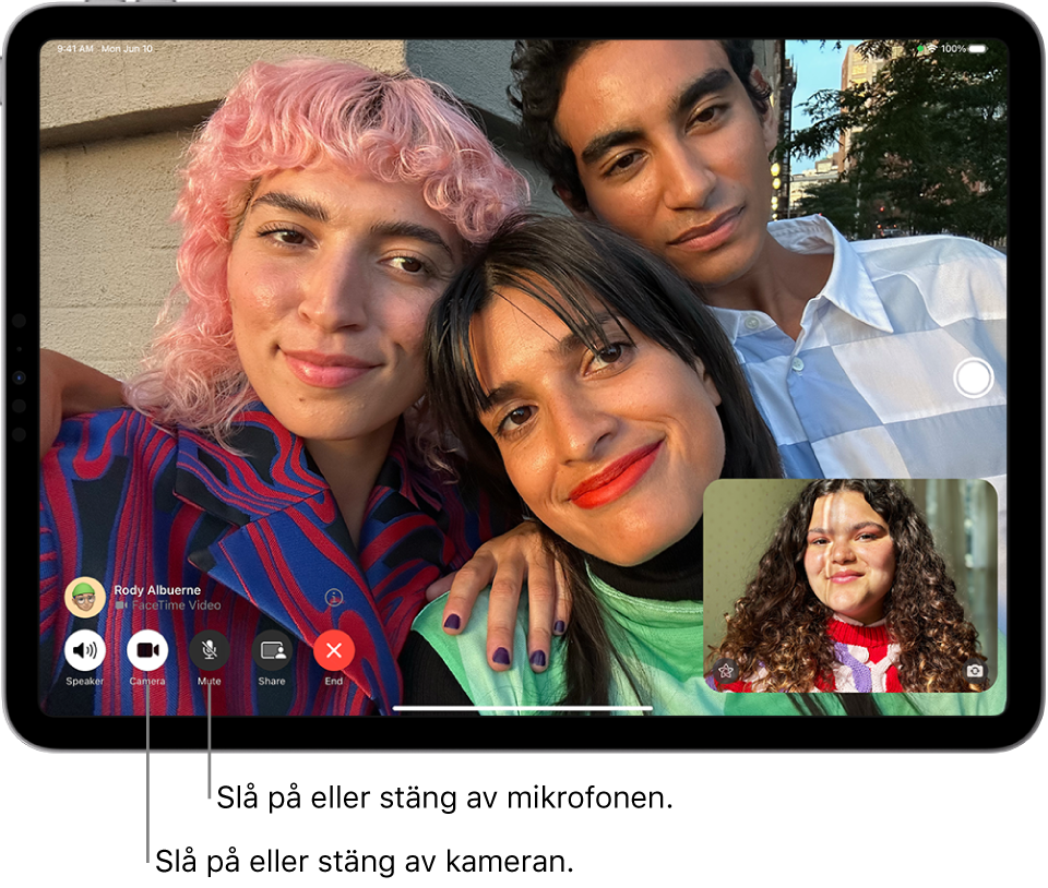 FaceTime-skärmen med ett samtal som pågår. Uppringarens bild visas i en liten rektangel i det nedre högra hörnet och bilden på personen som ringts upp fyller resten av skärmen. Längs nederkanten av skärmen finns FaceTime-reglagen, inklusive knapparna Högtalare, Kamera, Ljud av, Dela innehåll och Avsluta. Ovanför reglagen visas namnet eller Apple-kontot för den person du pratar med.