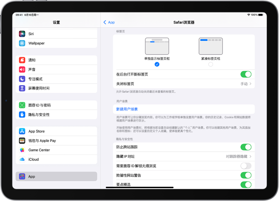 “设置” App 窗口，左侧边栏中选择了 App，右侧是 Safari 浏览器面板，其顶部显示使用标签页的选项。