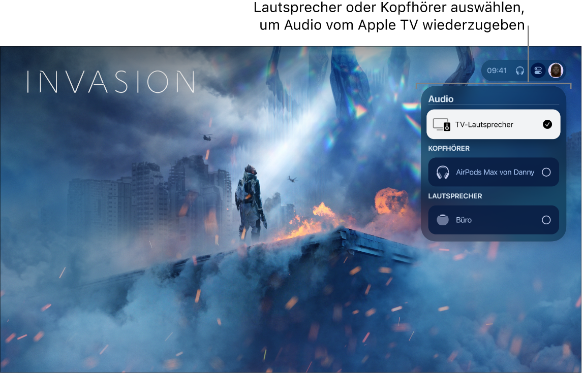 Apple TV-Bildschirm mit Kontrollzentrum und Audiosteuerelementen