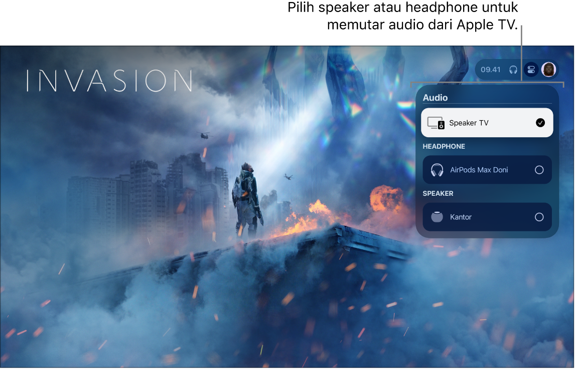 Layar Apple TV menampilkan tampilan kontrol audio Pusat Kontrol