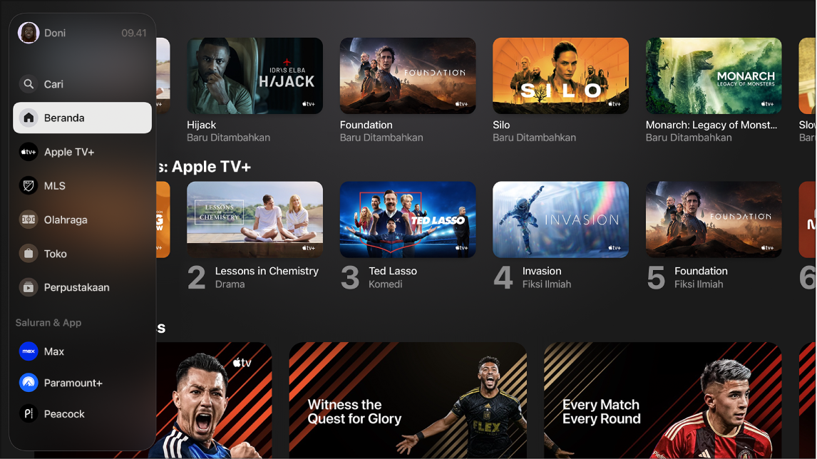 Layar yang menampilkan Apple TV+