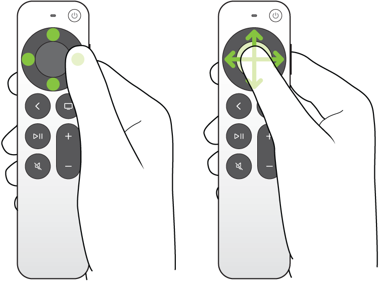 Ilustração a mostrar a passagem de dedo e a pressão no clickpad do comando à distância