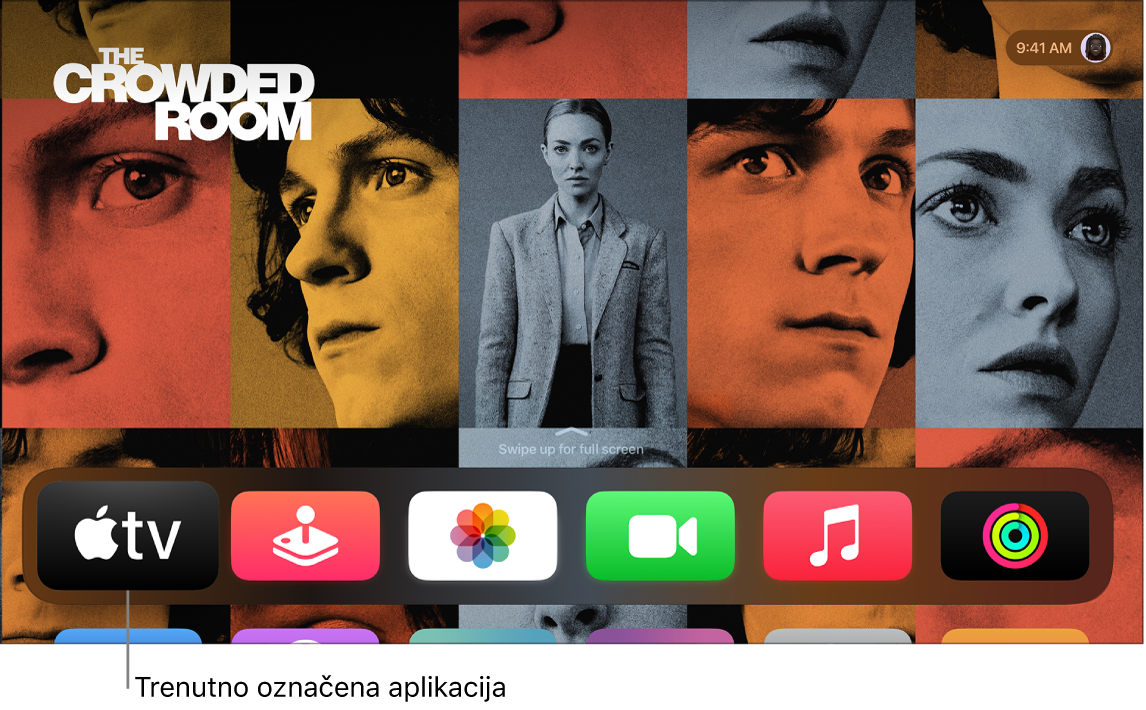 Domači zaslon v napravi Apple TV z označeno aplikacijo Apple TV