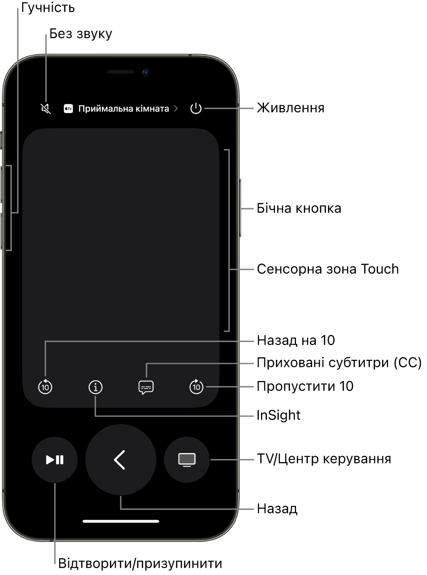Програма «Пульт» на iPhone із кнопками гучності, відтворення, живлення тощо