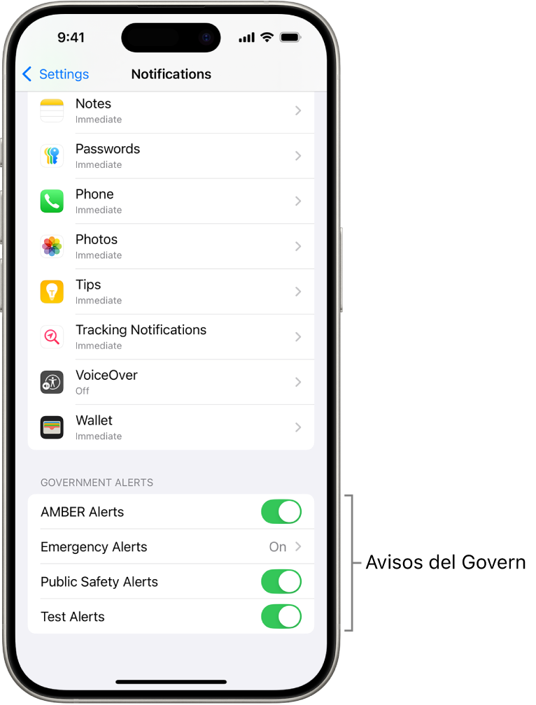 A la pantalla de notificacions es mostra la secció d’avisos del Govern, en què pots activar els avisos del Govern que vulguis rebre.