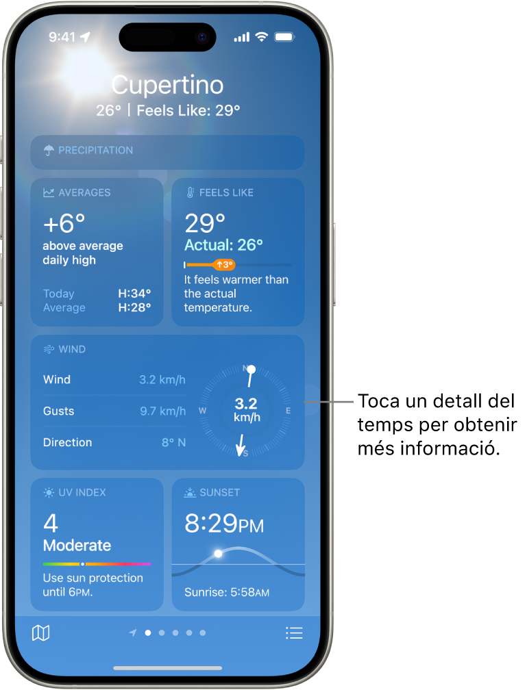 Pantalla de l’app Temps que mostra la ubicació a la part superior i, a sota, la temperatura i les condicions meteorològiques actuals. A la resta de la pantalla apareixen les dades dels següents elements: qualitat de l’aire, precipitació, índex dels raigs UV i la posta de sol.