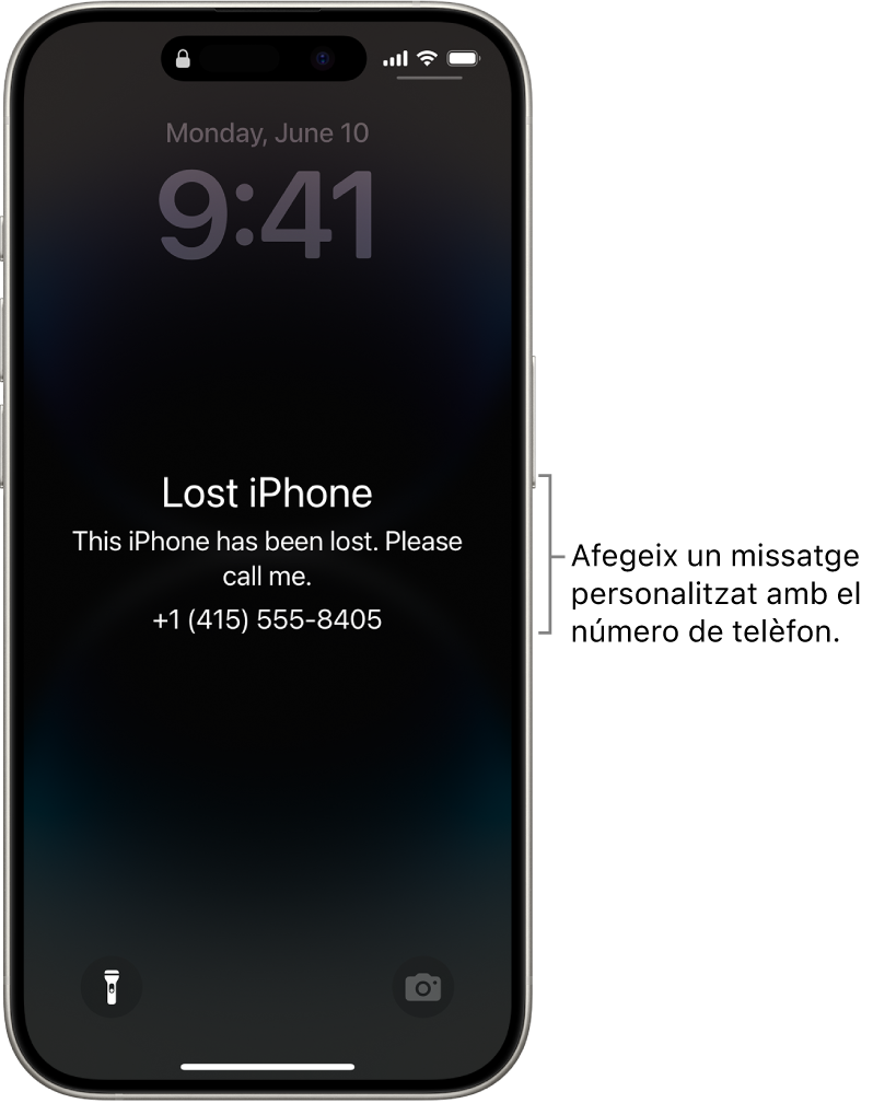 Pantalla bloquejada d’un iPhone amb un missatge d’iPhone perdut. Pots afegir un missatge personalitzat amb el número de telèfon.