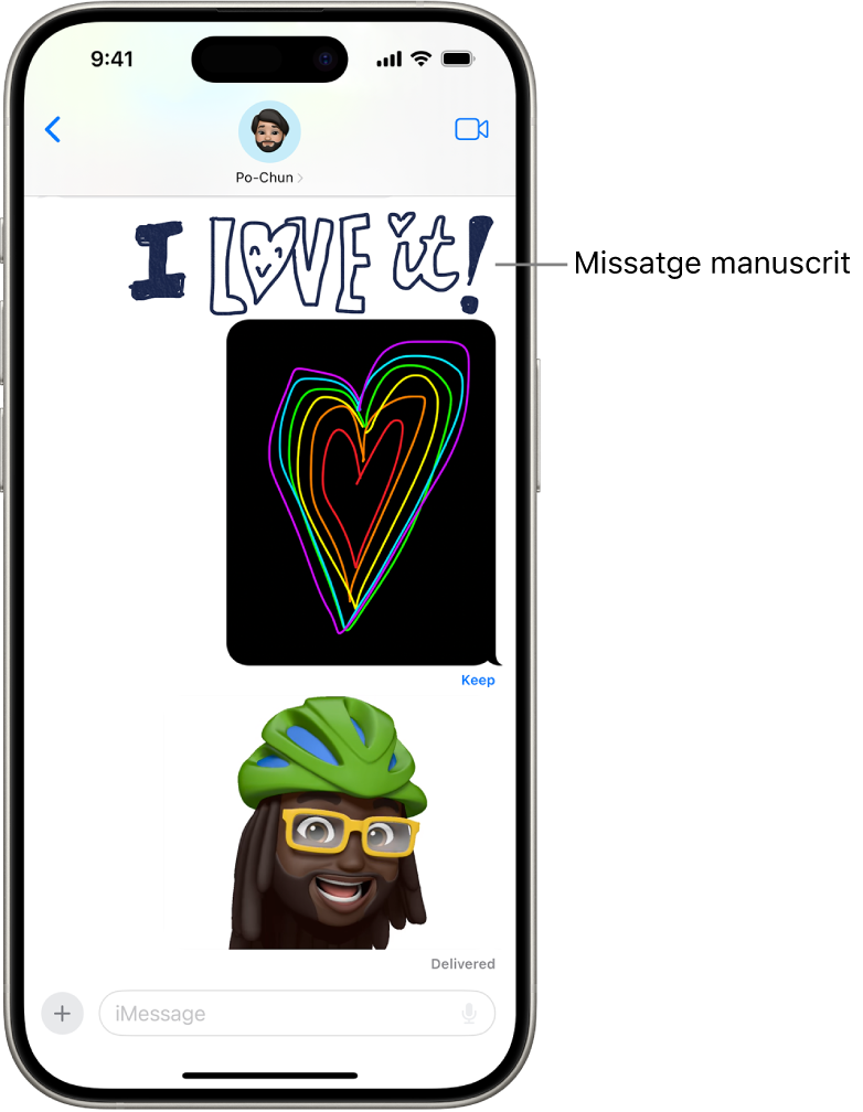 Una conversa de l’app Missatges amb animacions: un missatge manuscrit, el Digital Touch i un memoji animat.