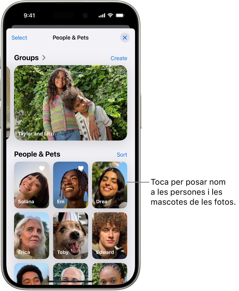 La col·lecció “Persones i mascotes”, a l’app Fotos. Els grups es mostren a la part superior i les persones i les mascotes s’enumeren a sota.