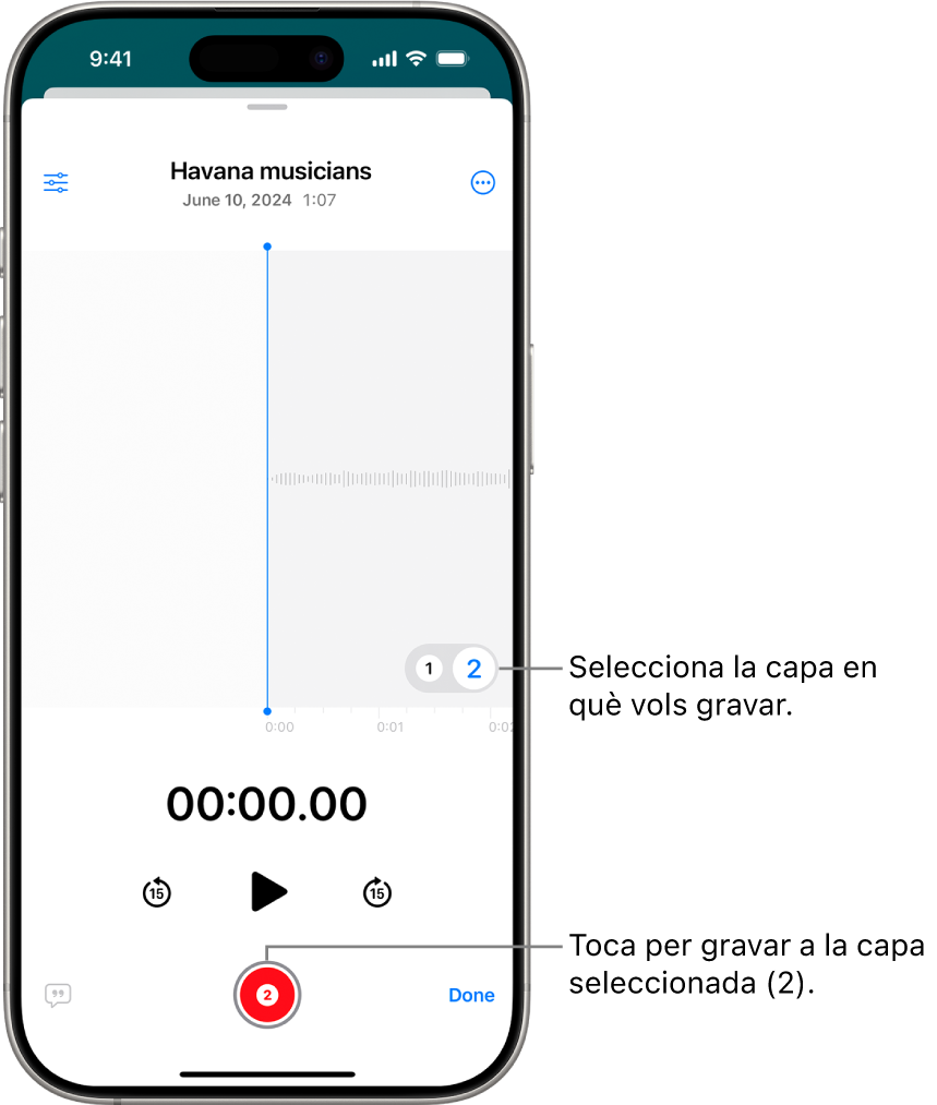 La pantalla per gravar una segona capa a l’app Notes de Veu.